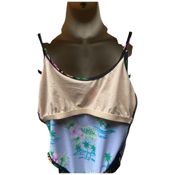 Vintage Paradise Beach Tropical Swimsuit M One Piece Parrots Hibiscus Palm - Picture 6 of 10